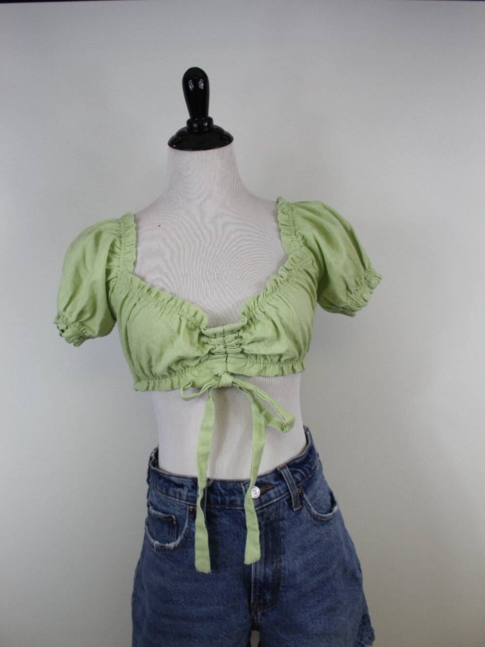 Princess Polly Light Green Linen Blend Puff Sleeve Tie Crop Top Size 2